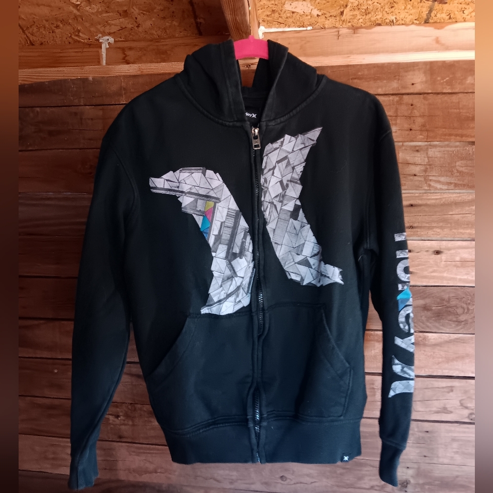 Hurley Black Zip-Up Hoodie with Graphic Design